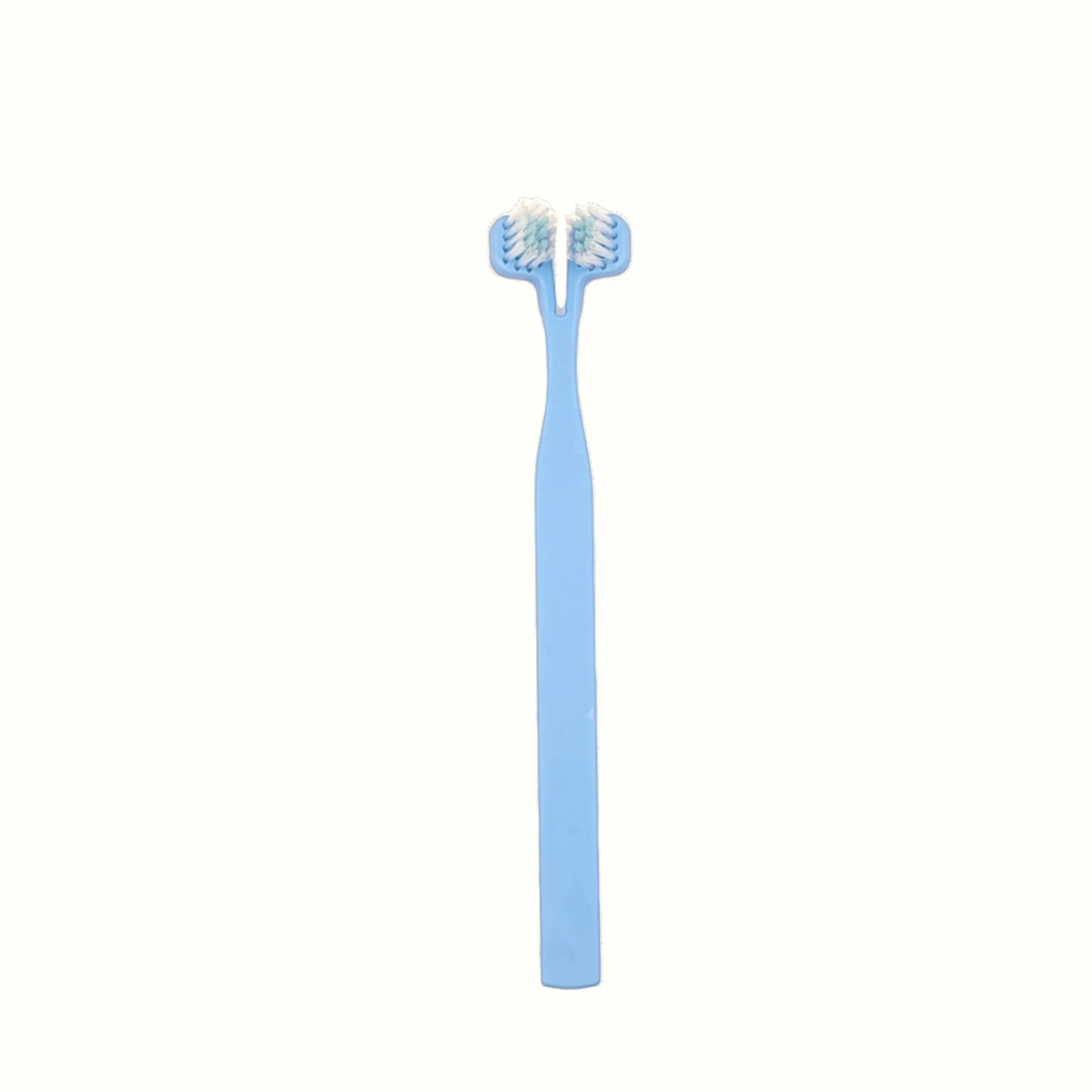 Dual-sided blue pastel pet toothbrush, ideal for thorough dental care and easy cleaning for dogs and cats.