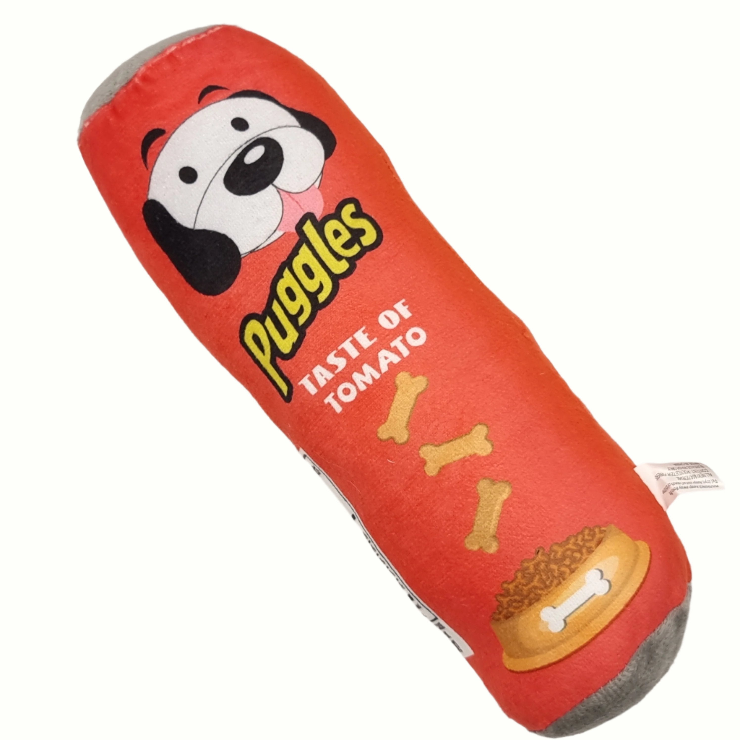 Plush Pringles can dog chew toy with squeaker, fun and durable