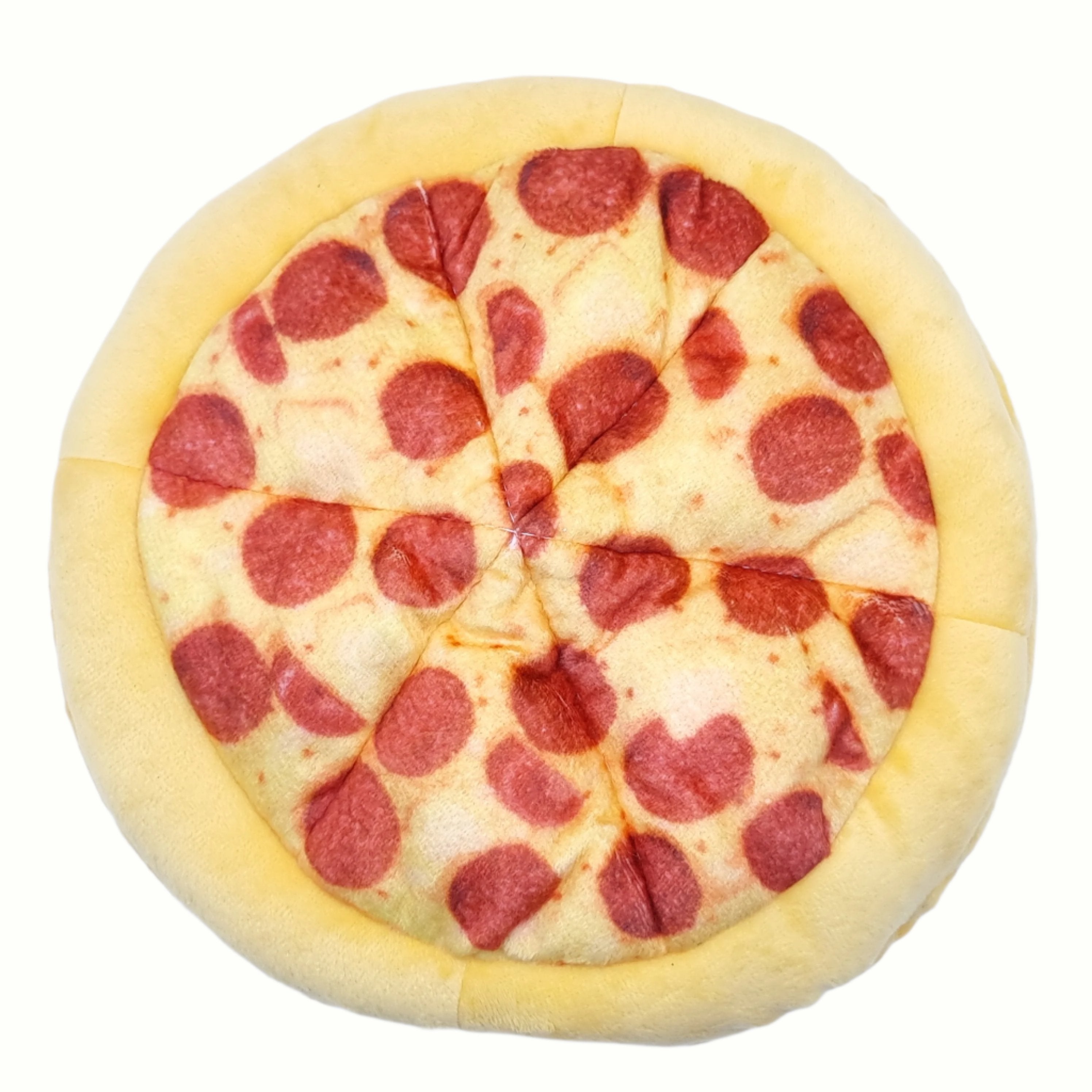 Pizza-shaped squeaky dog toy, pepperoni and cheese design, fun for playtime