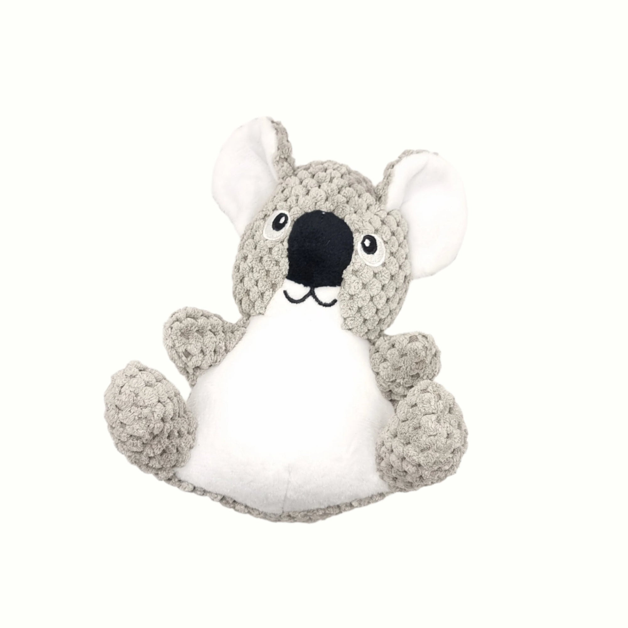 Koala-shaped soft plush dog toy for gentle play and cuddling.