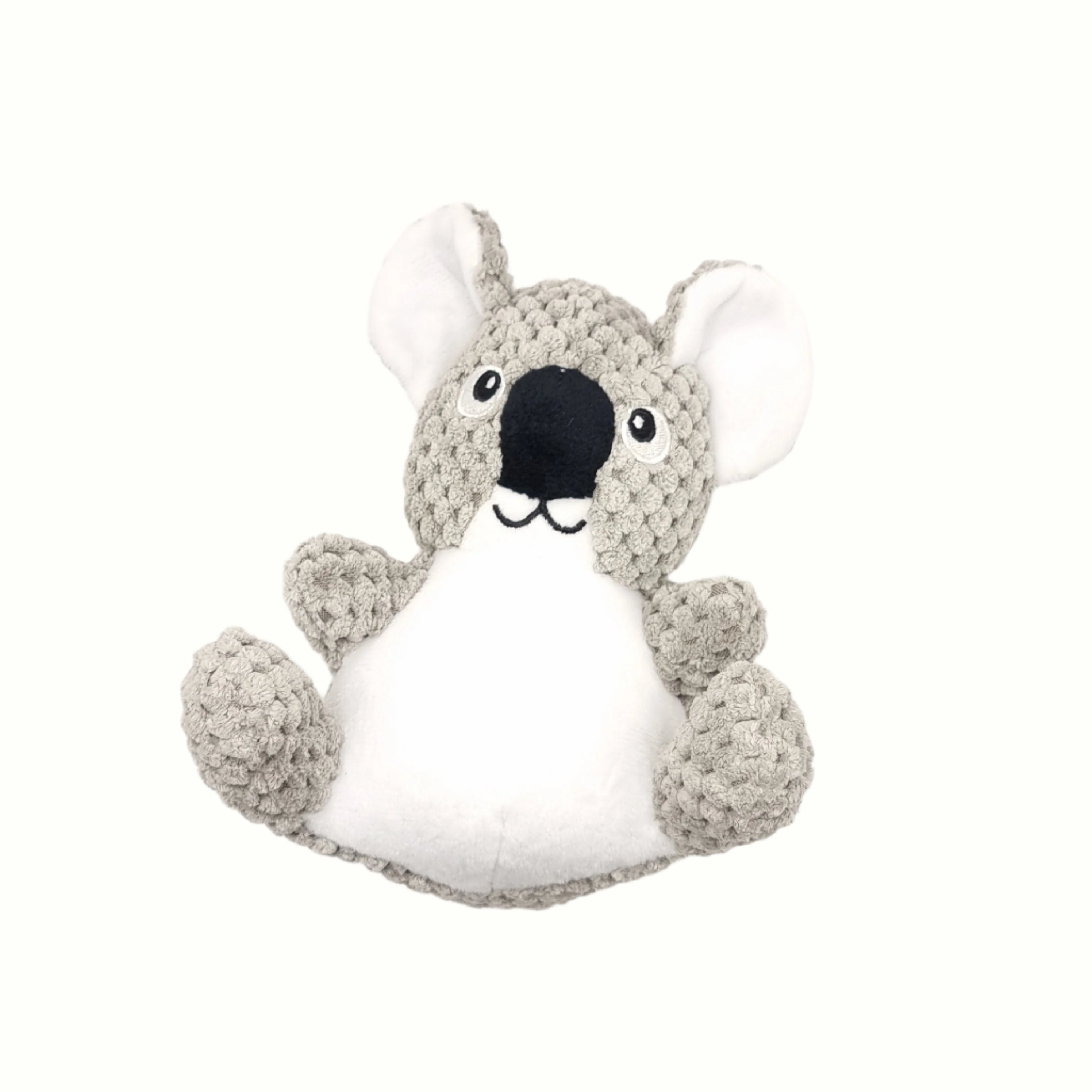 Koala-shaped soft plush dog toy for gentle play and cuddling.