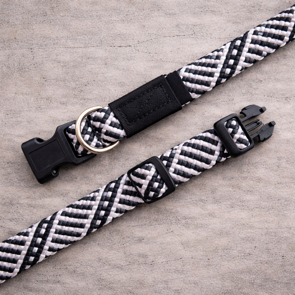Two braided dog collars with black and white pattern on a concrete surface