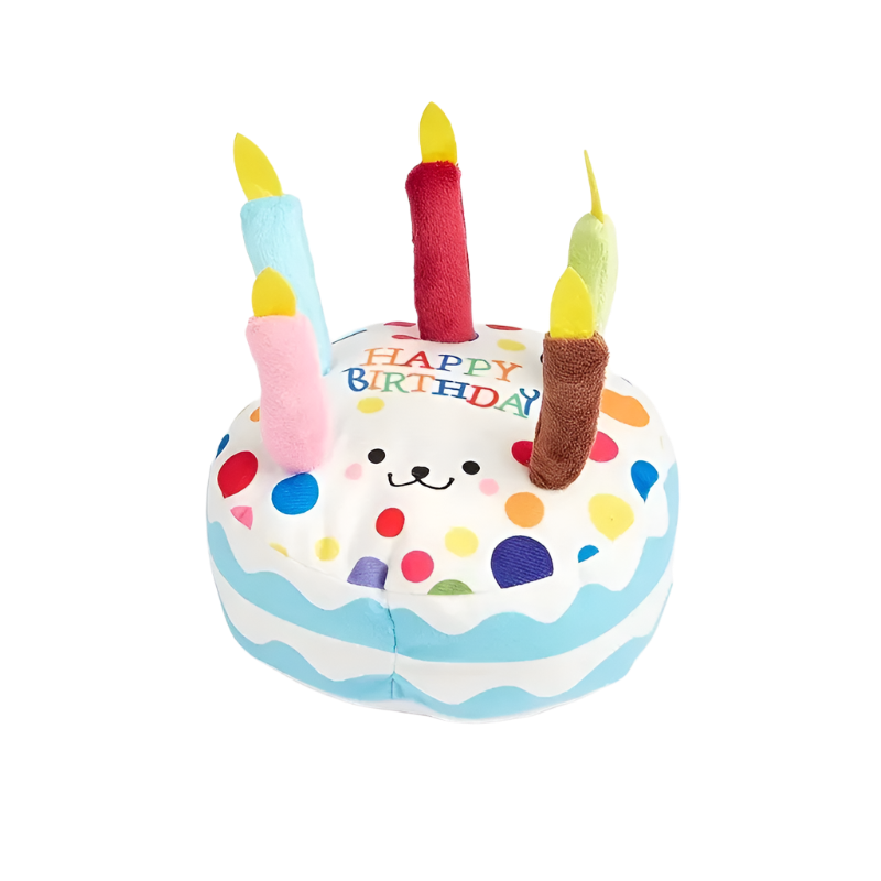 Dog birthday cake plush toy with squeaker, perfect for celebrations