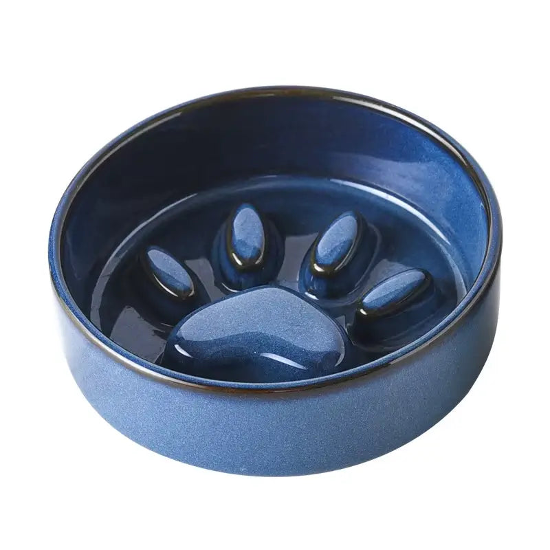 blue slow feed dog bowl ceramic paw design