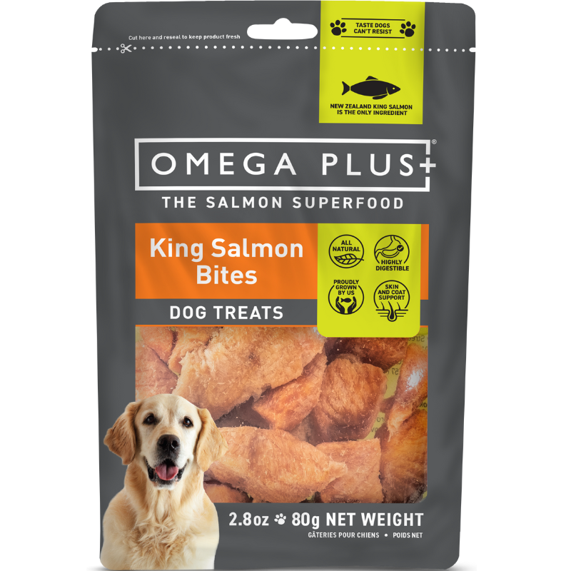 Omega Plus King Salmon Dog Bites 80g, natural salmon treats packed with omega-3 for healthy coat, skin, and joint support in dogs.