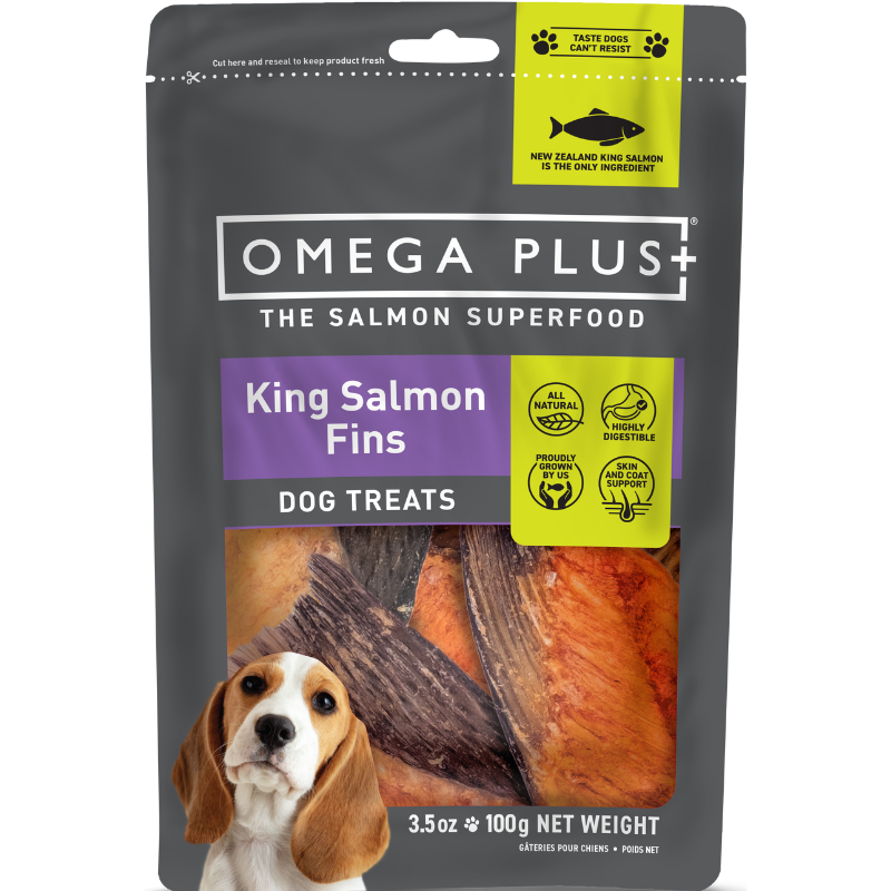 Omega Plus King Salmon Fins 100g, natural fish treats for dogs, rich in omega-3 and omega-6 for healthy skin, coat, and joints