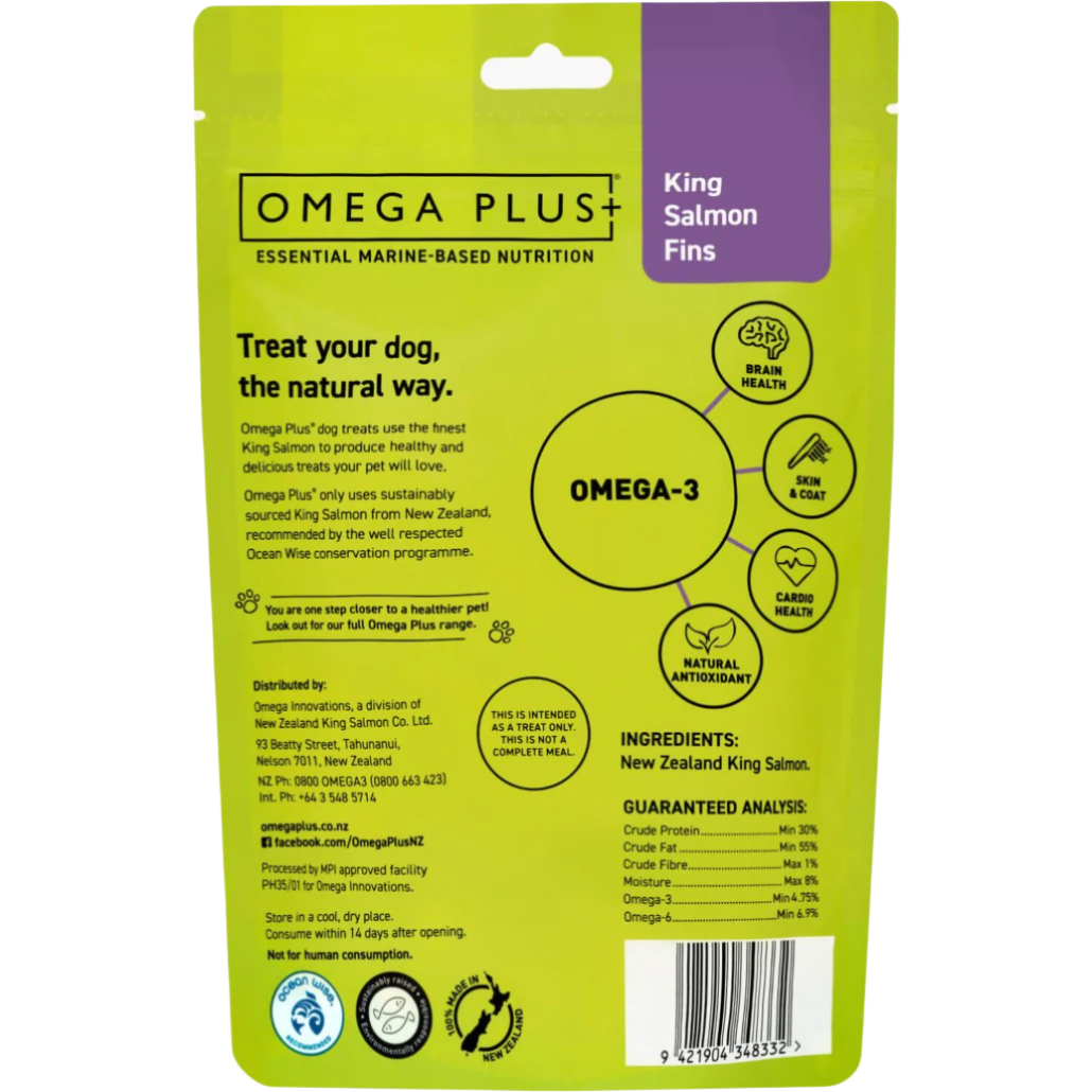 Omega Plus King Salmon Fins 100g, dried salmon fins for dogs, a healthy source of omega-3 to support coat health and joint mobility