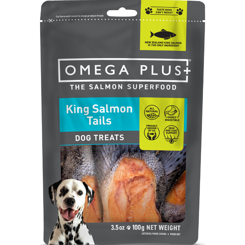 Omega Plus King Salmon Tails 100g, natural dog treats rich in omega-3 and omega-6 for healthy skin, coat, and joint support