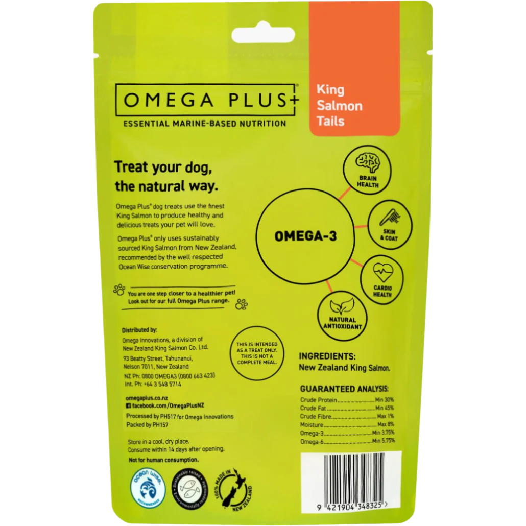 Omega Plus King Salmon Tails 100g, dried salmon tails for dogs, promoting coat shine and joint health with omega-3 nutrients