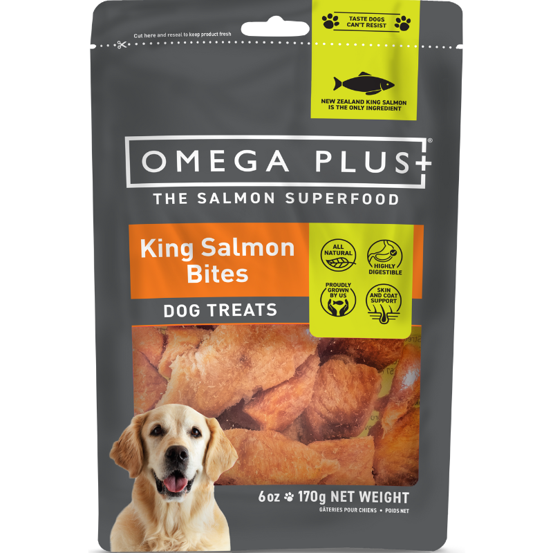 Omega Plus King Salmon Dog Bites 170g, healthy salmon treats for dogs, rich in omega-3 and omega-6 to support coat, skin, and joint health