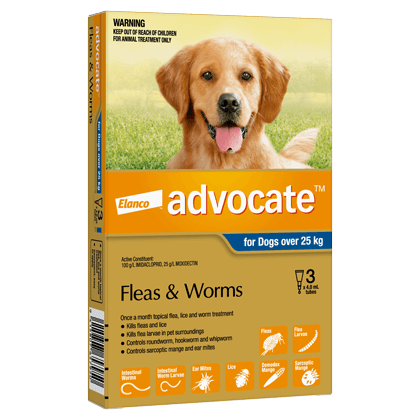 Advocate Advantage Multi Spot On flea, tick, and worm treatment for large dogs over 55lbs, no RX required, product packaging